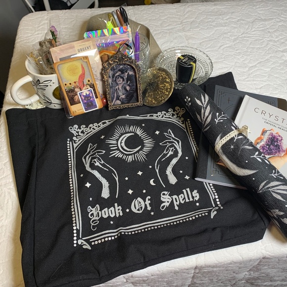 Witchy Spooky Mystery Book tote bundle altar cloth crystals mug smudge & mor